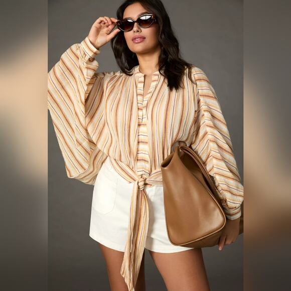 Anthropologie Tops - NEW Striped Beige and Whitw Tie Front Blouse